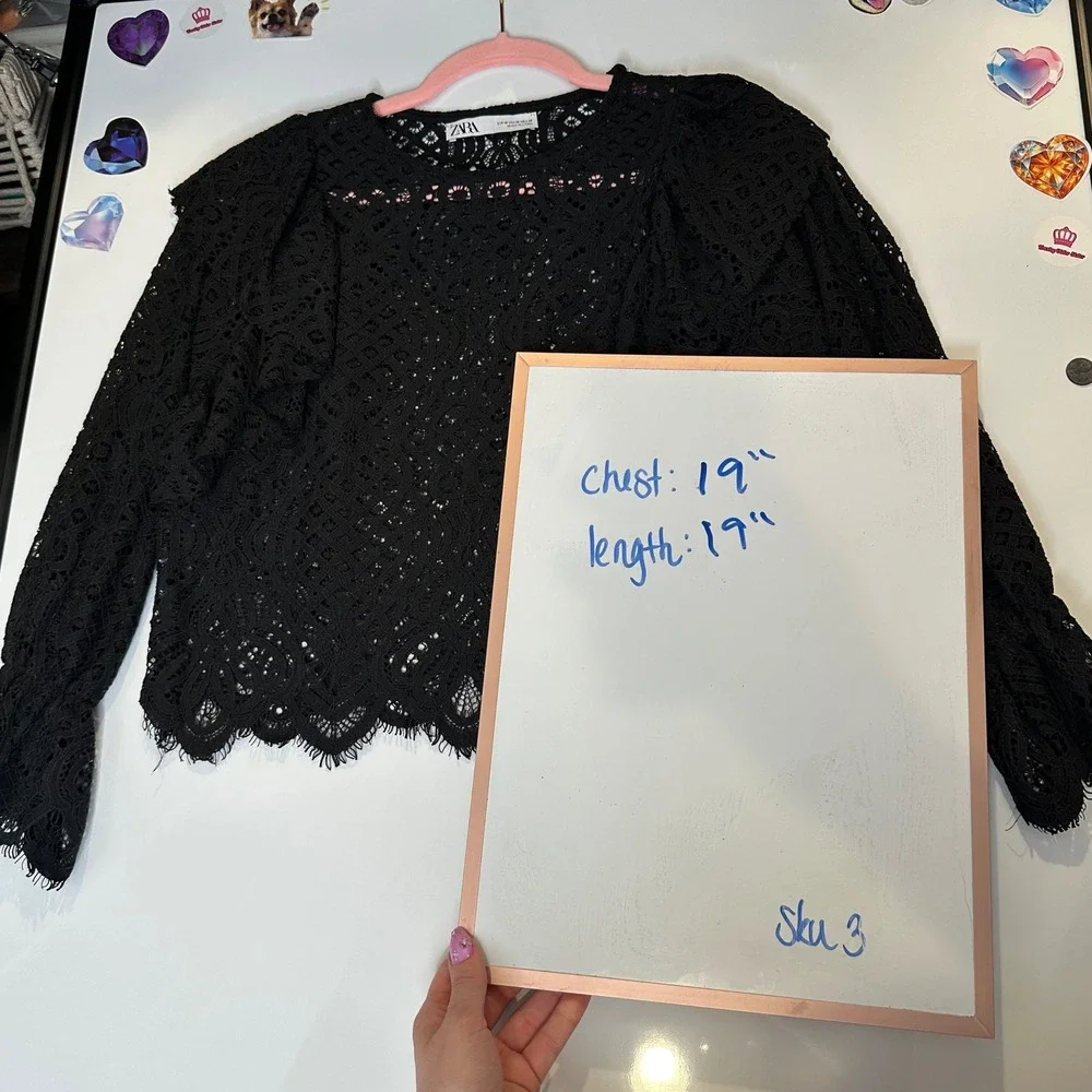 Zara Goth Black Guipure Lace Ruffle Blouse Scallop Hem Long Sleeve Top Medium